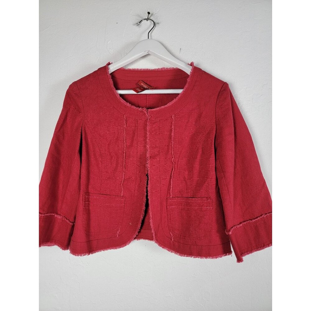 Sundance Women Red Frayed Edge Open Front Jacket Size 8 Linen-Cotton Lightweight